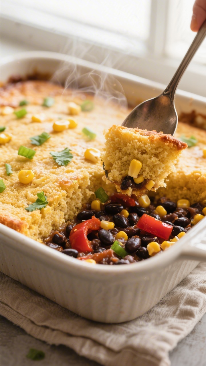 Close-up detail: A spoon breaking into the freshly baked Vegan Cornbread Casserole, revealing steamy