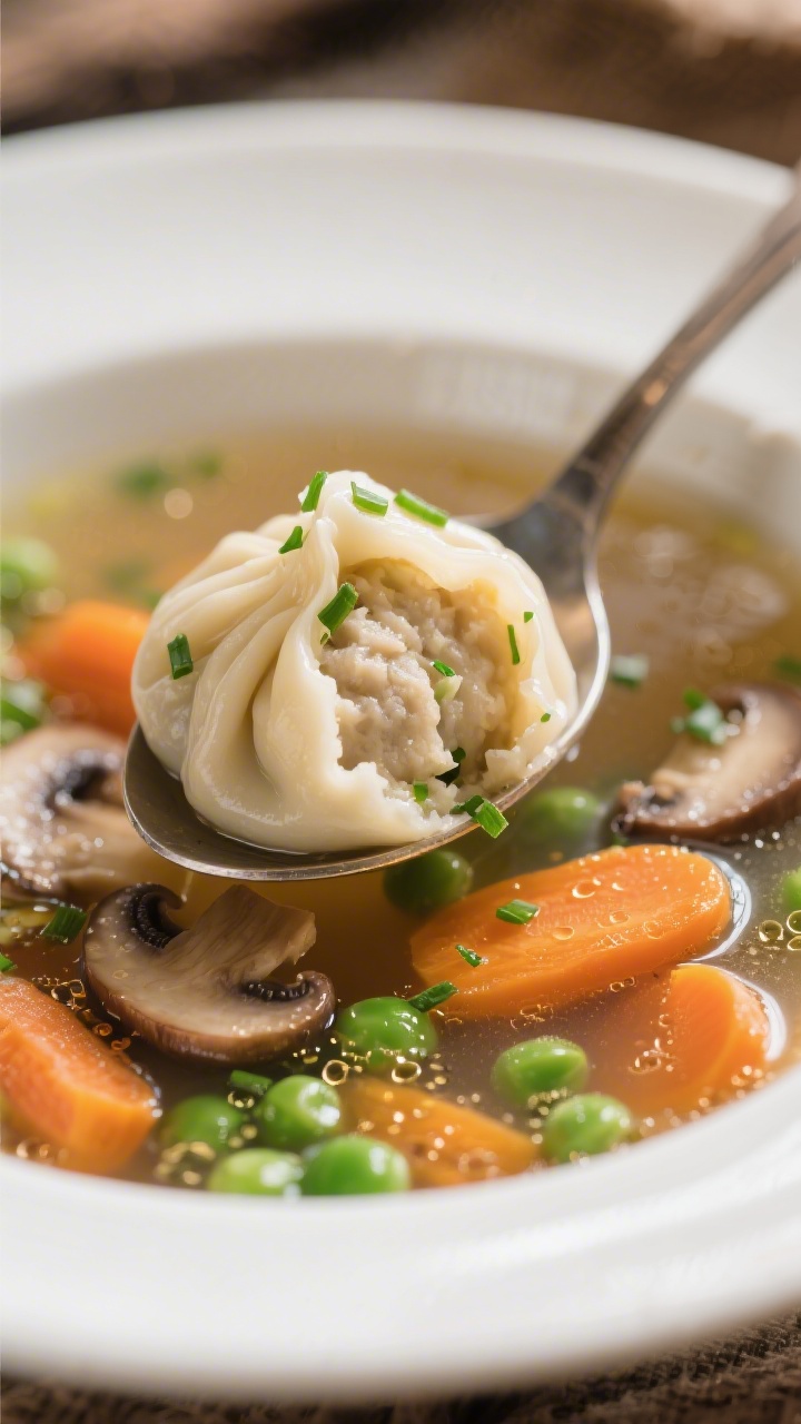 Close-up detail: A spoon lifting a cooked dumpling from the soup, cut open to reveal a fluffy, tende