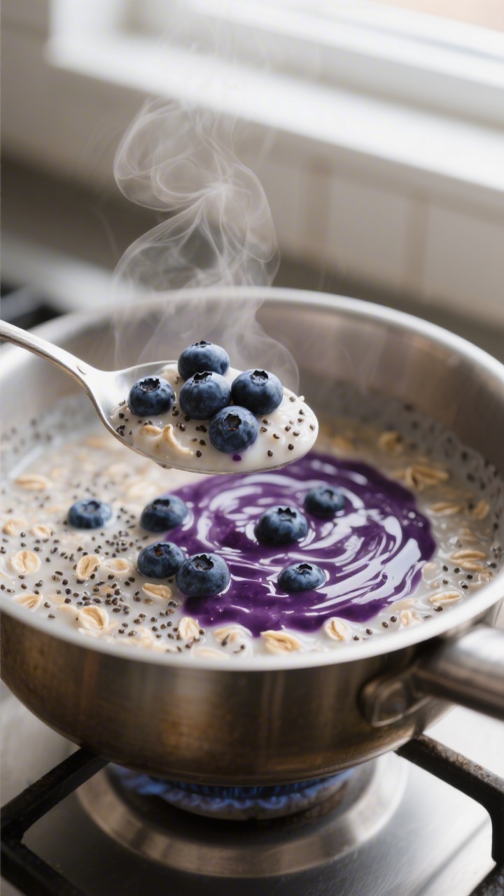 Close-up detail: A spoon scooping creamy blueberry chia oatmeal from a saucepan at the moment the be