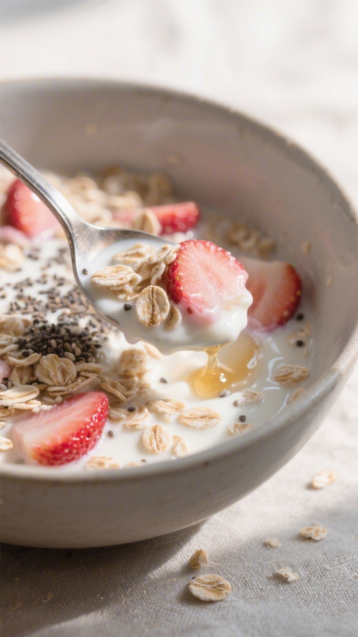 Close-up detail: A spoon scooping into creamy Strawberry Yogurt Oats after resting, showing plump ro