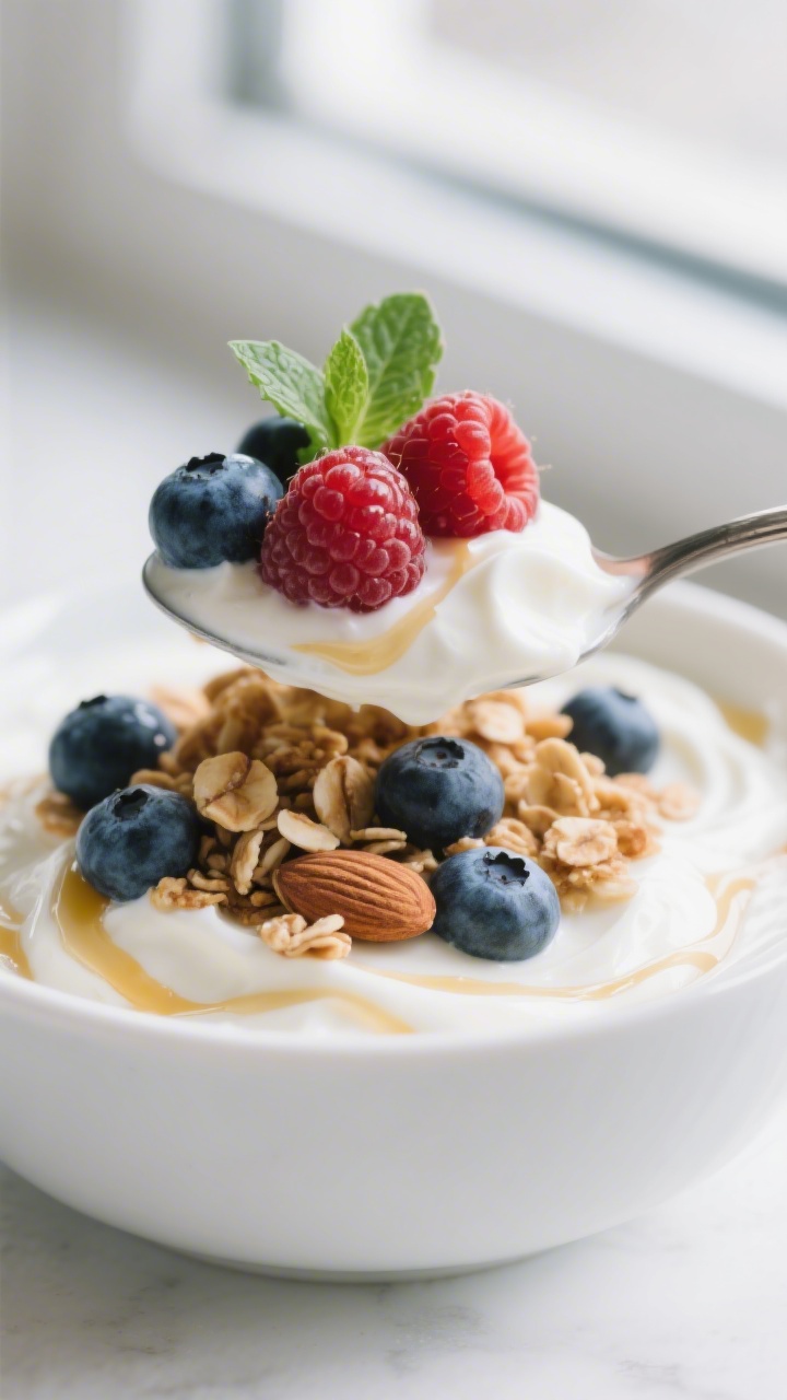 Close-up detail: A spoonful lifted from a prepared Greek Yogurt Berry Parfait, showing thick, creamy