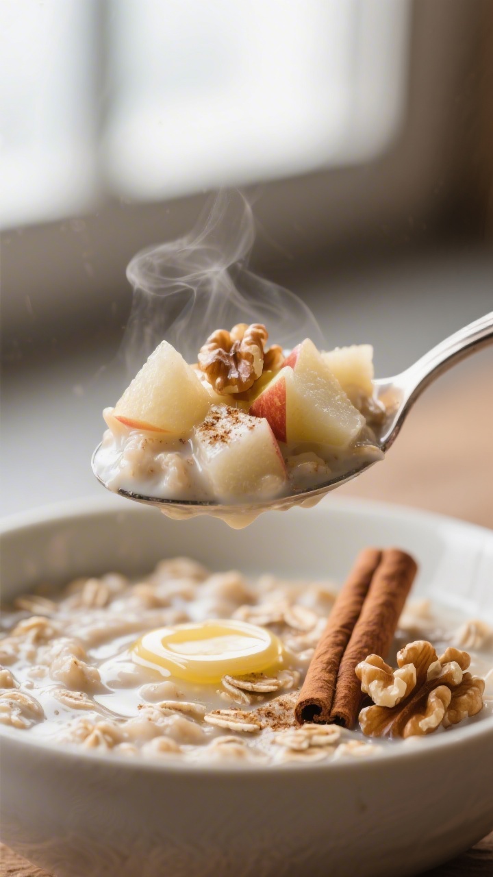 Close-up detail: A spoonful of creamy apple cinnamon oatmeal lifted from a bowl, showcasing tender,