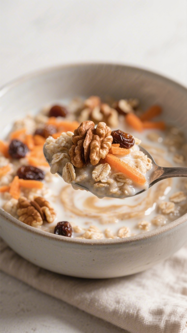 Close-up detail: A spoonful of creamy Carrot Cake Oatmeal lifted from a bowl, showing silky oats stu