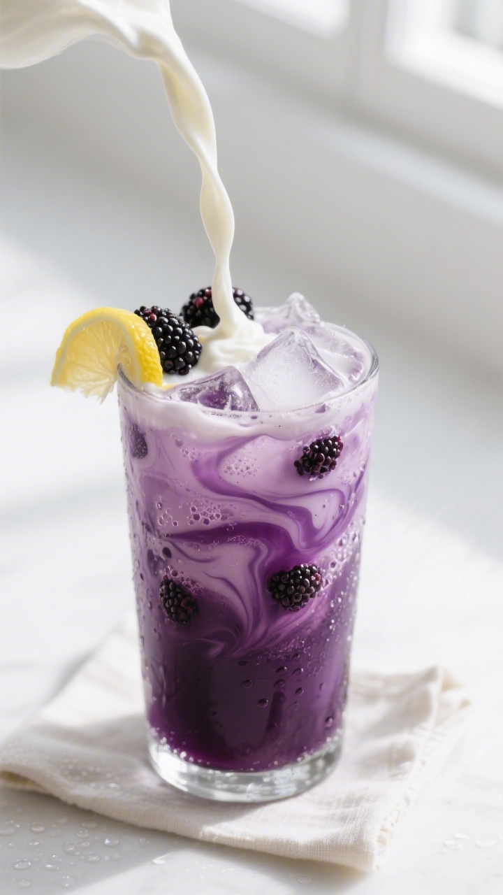 Close-up detail: A stream of chilled heavy cream swirling into a tall glass of deep-purple blackberr