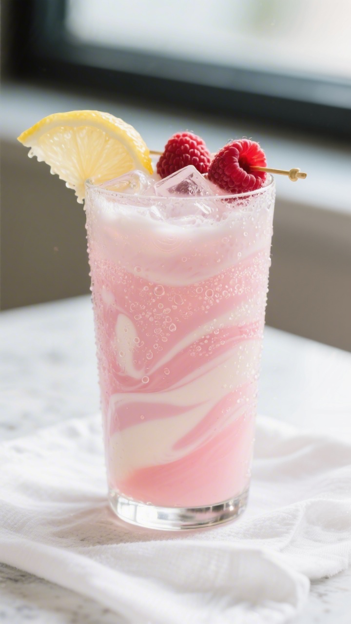 Close-up detail: A tall Collins glass of raspberry vanilla cream soda mid-swirling as cold half-and-