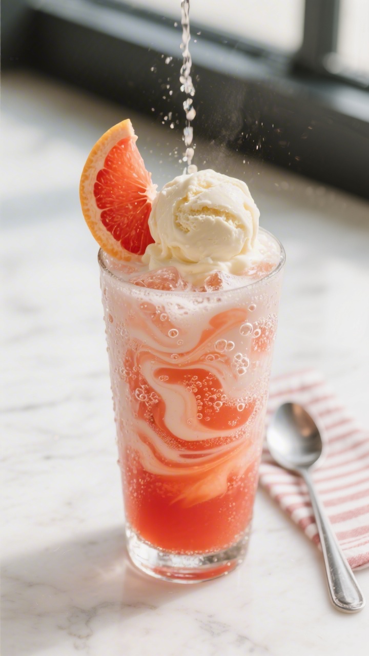 Close-up detail: A tall, frosty chilled glass mid-assembly with the sweetened blood-orange-vanilla b