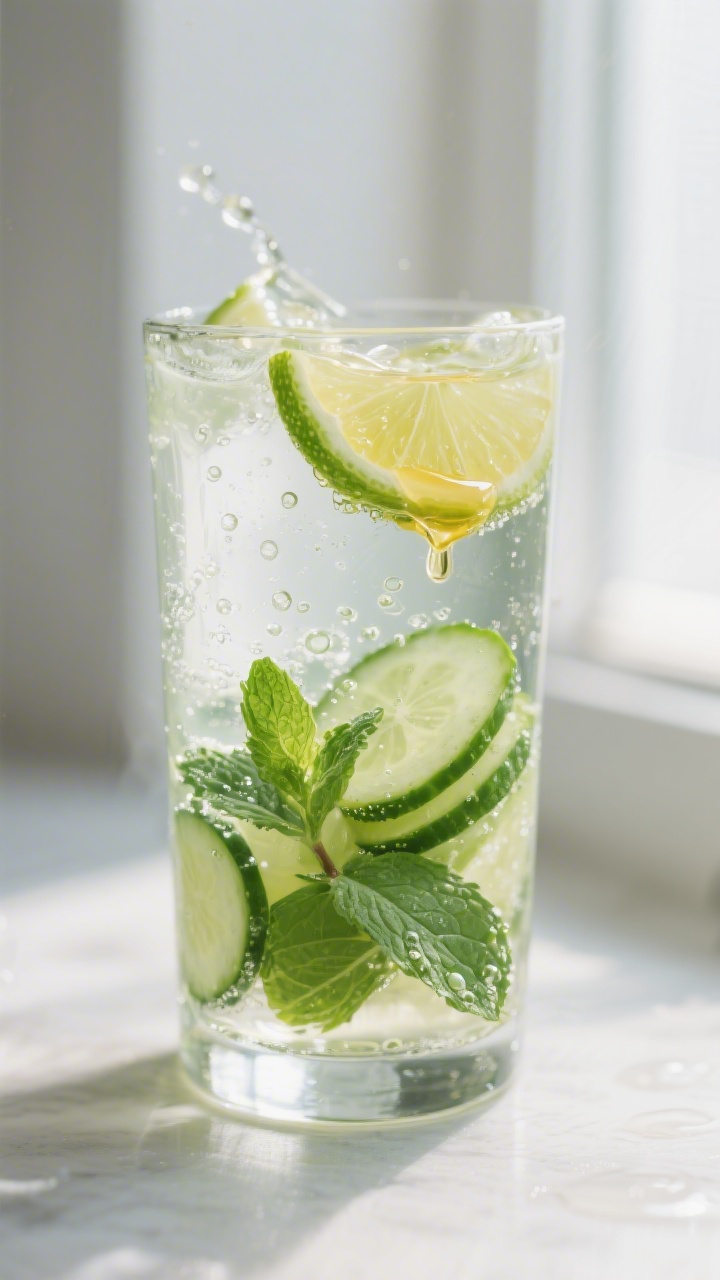Close-up detail: A tall glass mid-prep with lightly bruised cucumber slices and mint leaves at the b