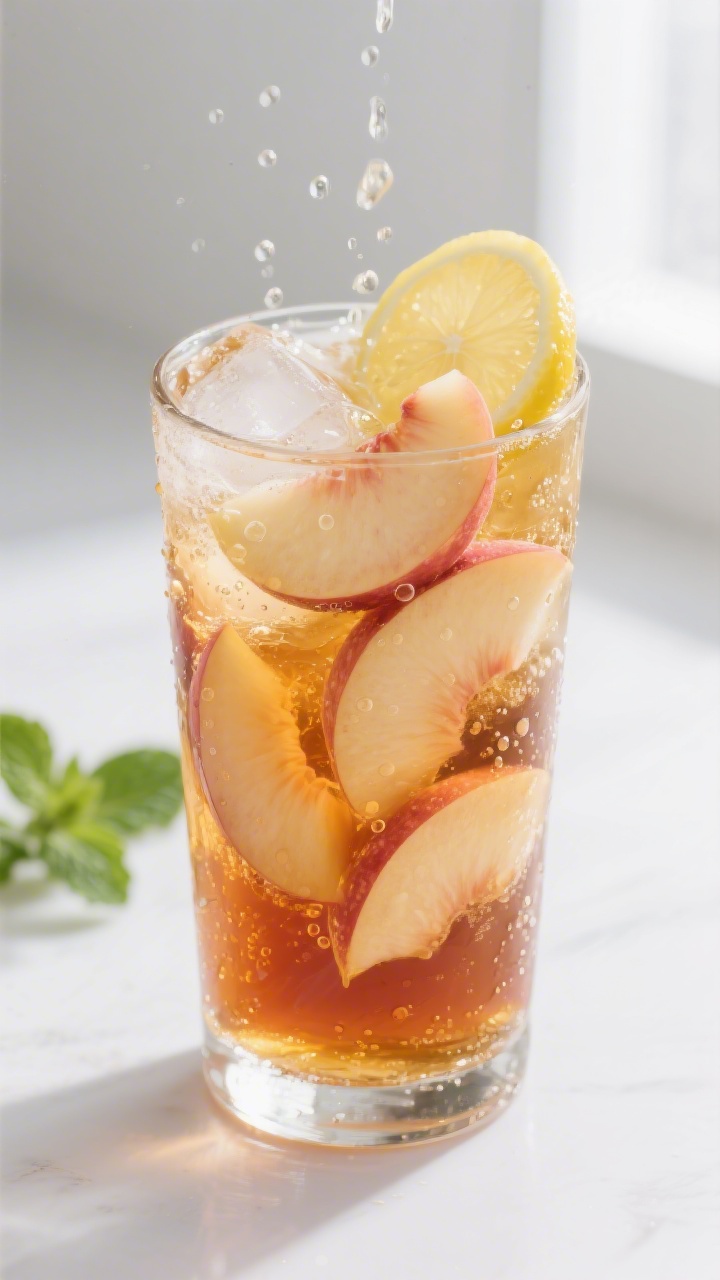 Close-up detail: A tall glass of sparkling peach iced tea mid-assembly as the warm tea concentrate c