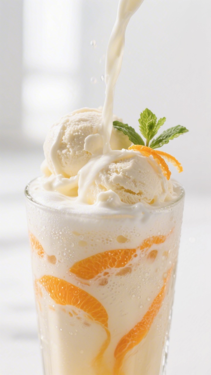 Close-up detail: A tall glass Tangerine Vanilla Float mid-pour, soda cascading slowly down the side