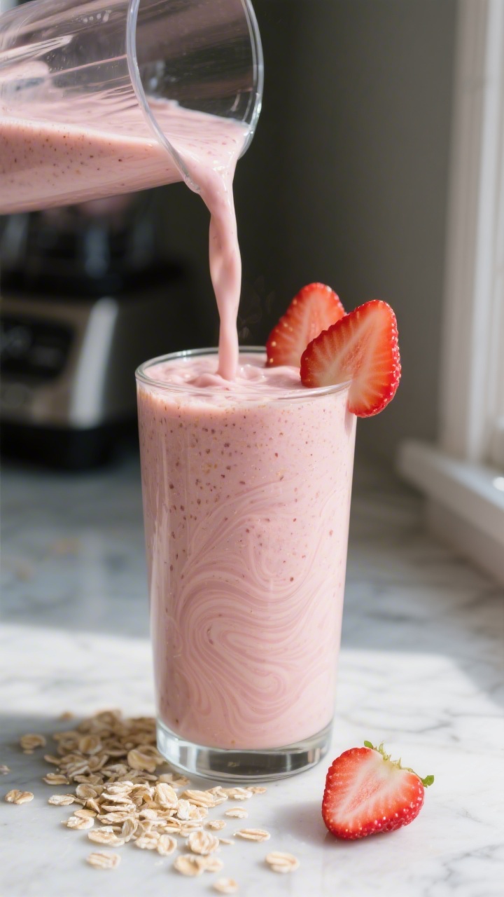 Close-up detail: A thick, creamy strawberry oatmeal smoothie mid-pour into a tall clear glass, silky