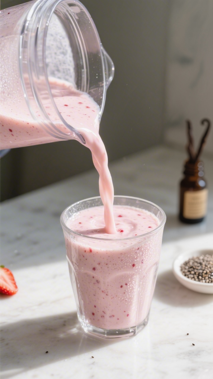 Close-up detail: A thick, freshly blended strawberry banana smoothie being poured from a glass blend
