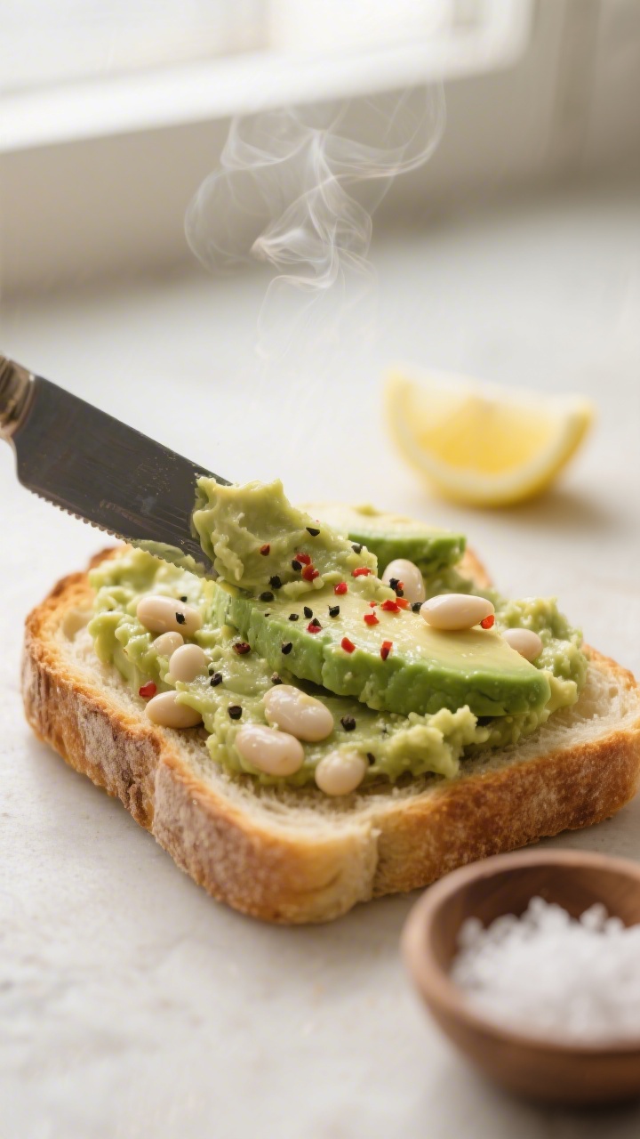 Close-up detail: A thick layer of avocado–white bean smash being spread onto a slice of golden, fr