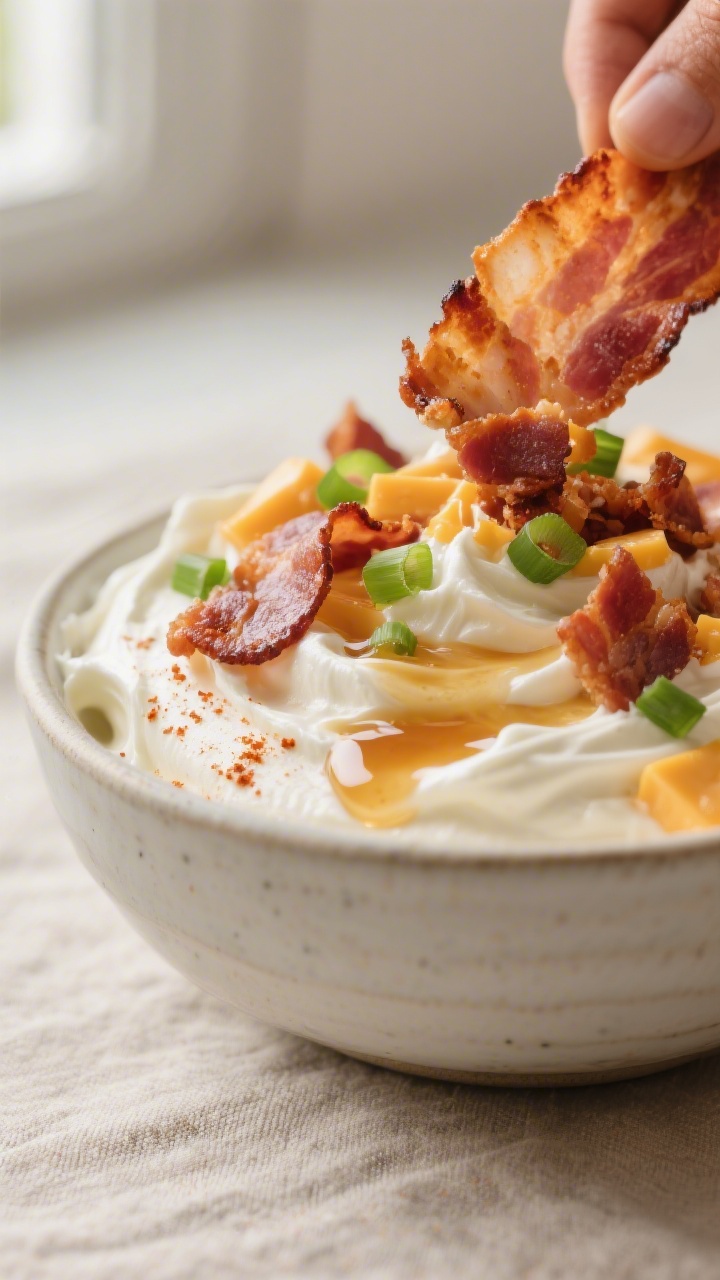 Close-up detail: A tight, macro shot of freshly baked, ultra-crispy thick-cut bacon crumbles being f