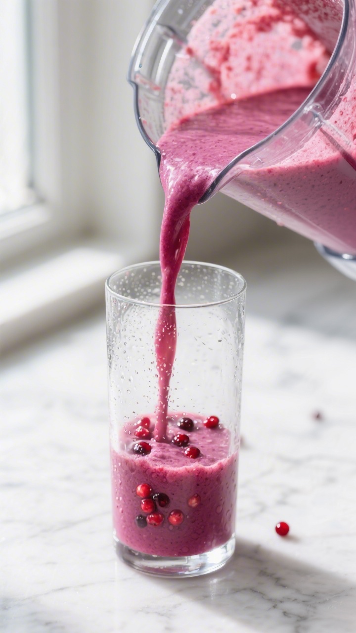 Close-up detail: A velvety pomegranate berry smoothie stream being poured from a blender into a chil