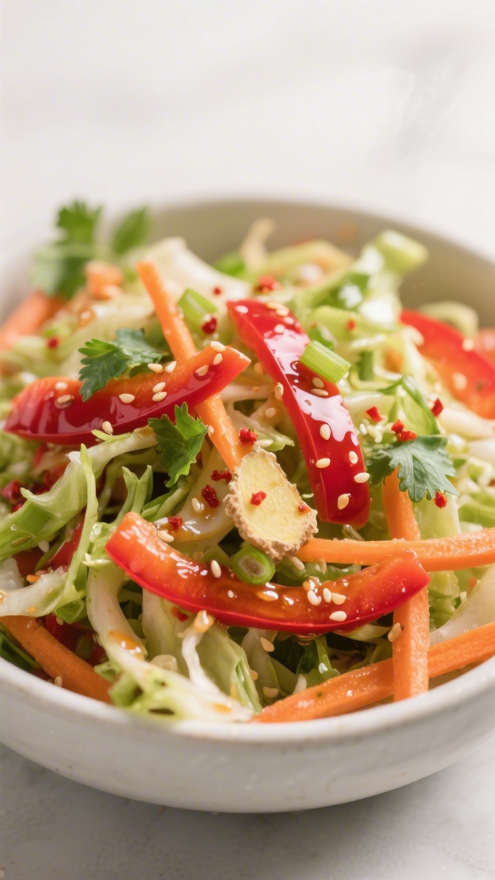 Close-up detail: A vibrant bowl of prepared Asian slaw just after tossing—thinly sliced green and