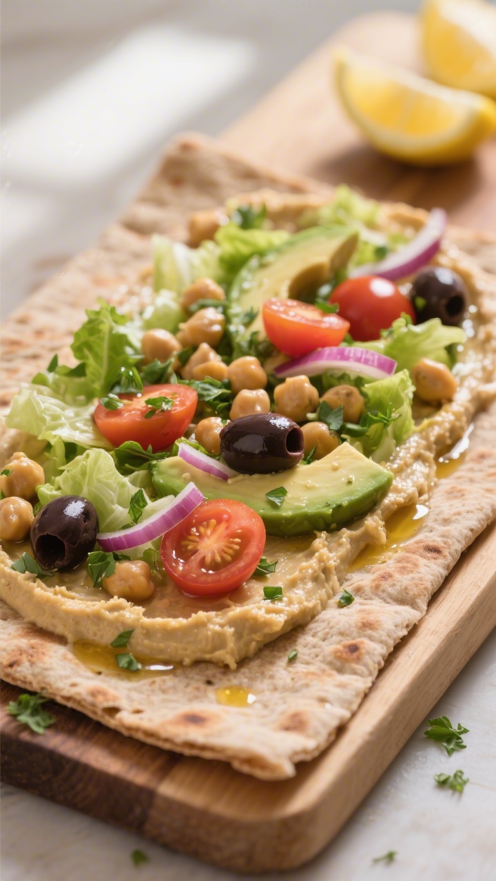 Close-up detail: A warm whole wheat lavash spread edge-to-edge with creamy classic hummus acting as