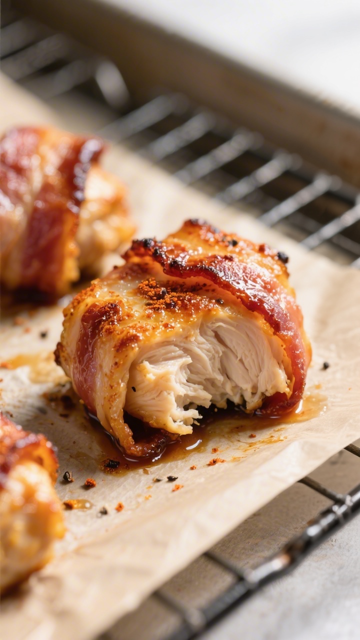 Close-up detail: Bacon-wrapped chicken bites just out of the air fryer, bacon rendered deep golden a