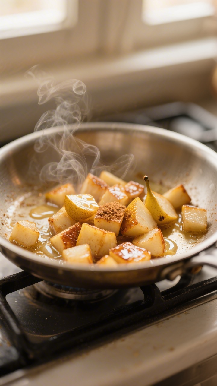 Close-up detail: Caramelized diced pears sizzling in a butter-glossed saucepan with a light honey dr