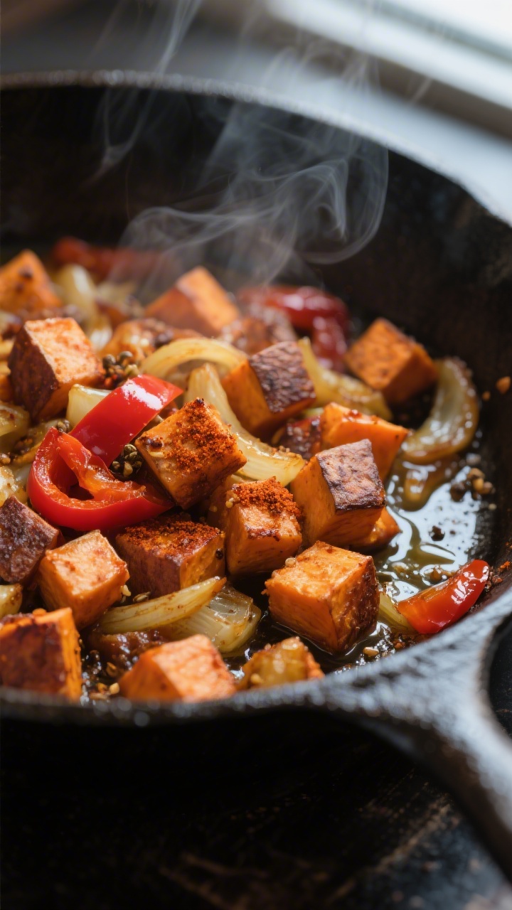 Close-up detail: Caramelized sweet potato hash in a cast-iron skillet mid-cook, showing 1/2-inch cub