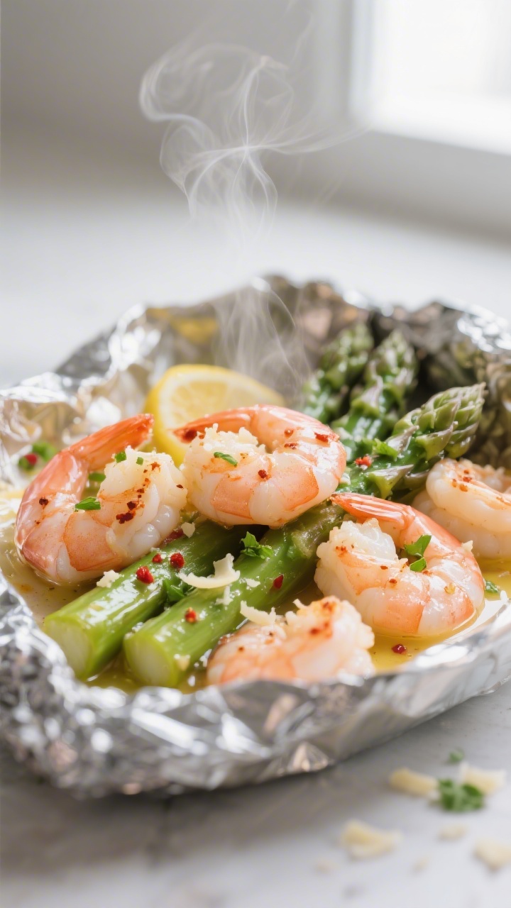 Close-up detail: Cooked shrimp and asparagus just out of the foil packet, shrimp opaque and pink wit