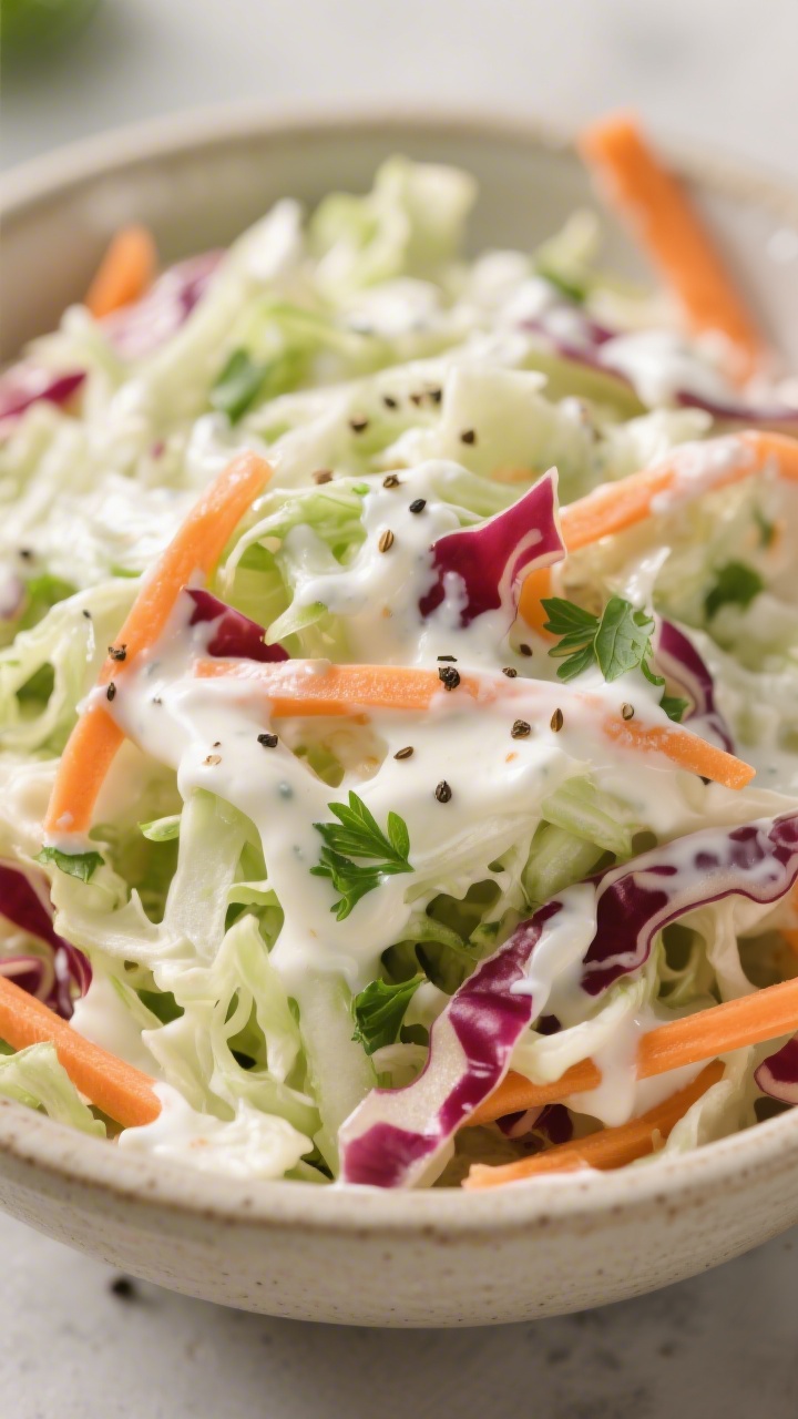 Close-up detail: Creamy coleslaw freshly tossed, thin shreds of green and red cabbage and ribbons of