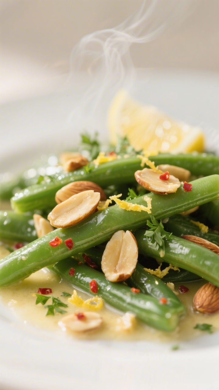 Close-up detail: Crisp-tender green beans almondine glistening in a buttery lemon-garlic sauce, high