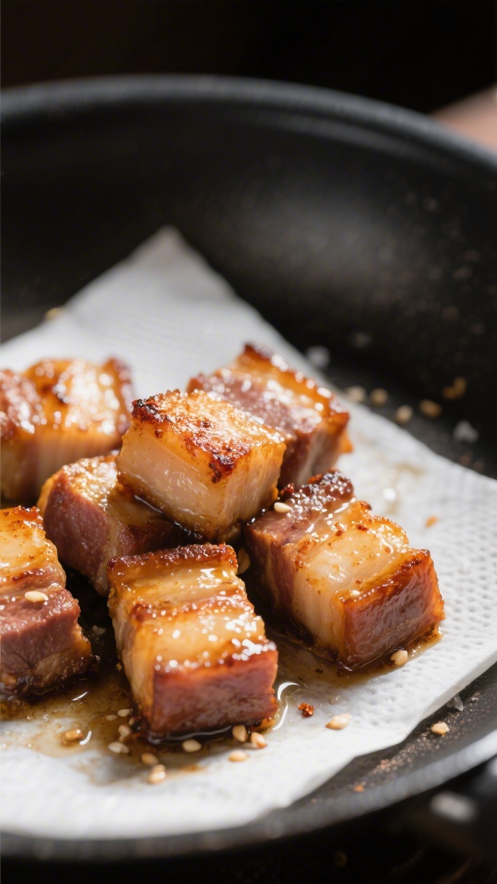 Close-up detail: Crisped pork belly cubes draining on paper towels after pan-frying, golden-brown ed