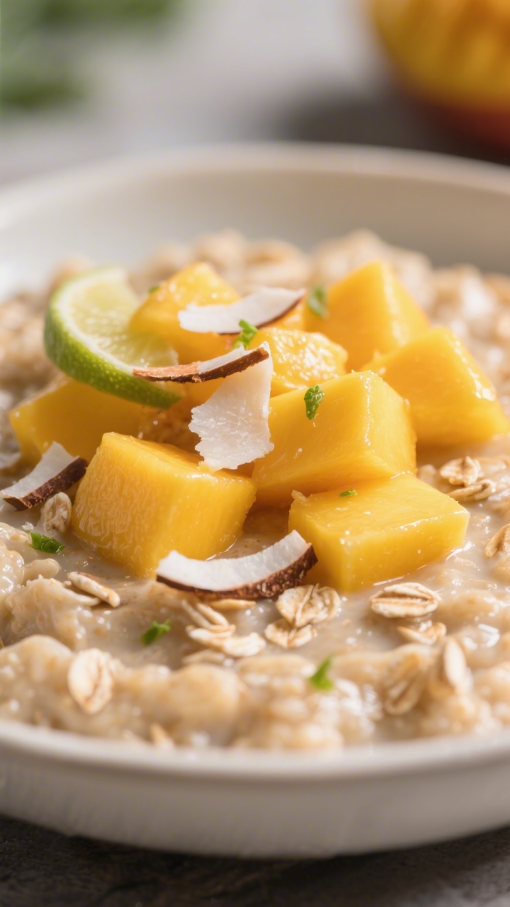 Close-up detail: Extreme close-up of the finished oatmeal just after folding in mango—juicy golden