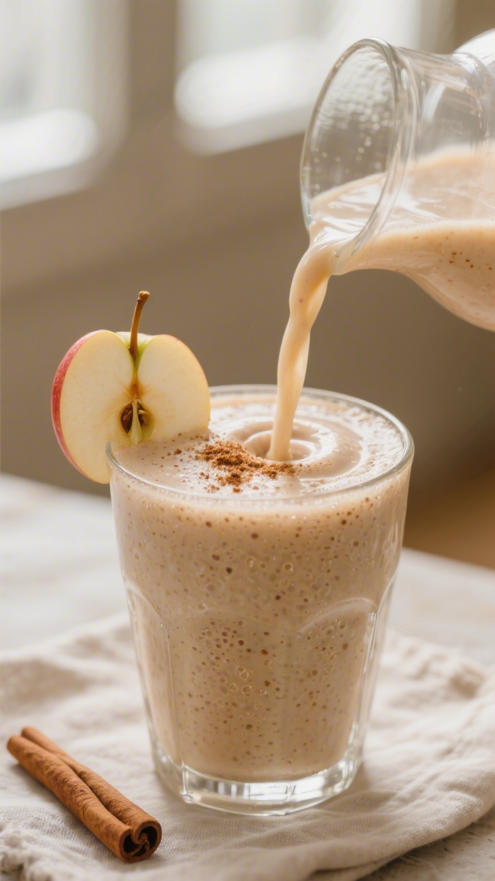 Close-up detail: Freshly blended apple cinnamon smoothie being poured into a chilled clear glass, th