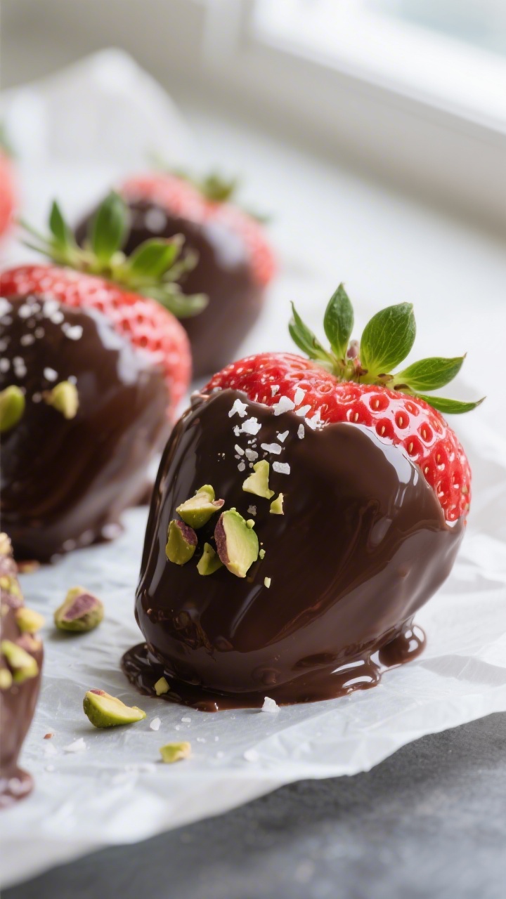 Close-up detail: freshly dipped chocolate-covered strawberries set on parchment, glossy dark chocola