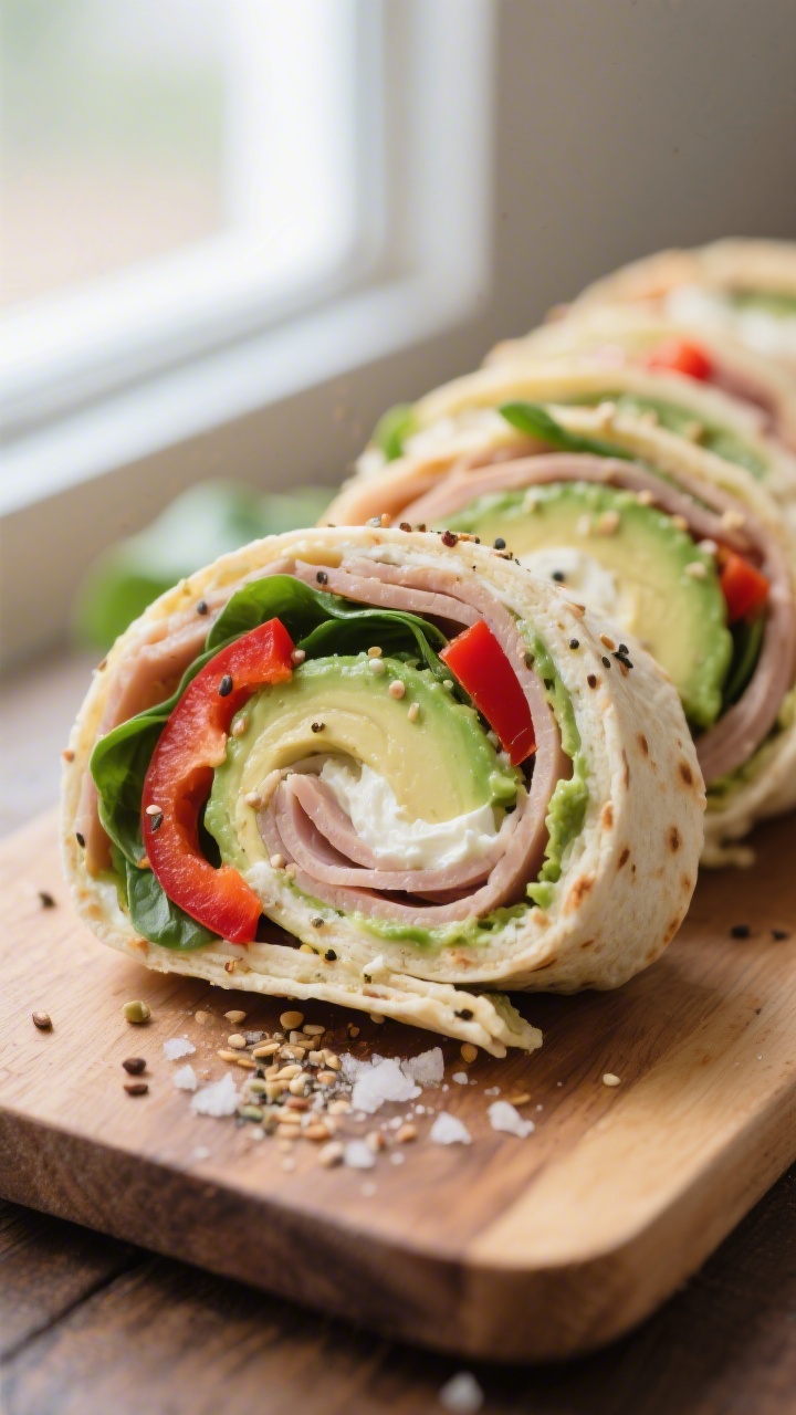 Close-up detail: freshly sliced turkey avocado pinwheels arranged in a tight spiral on a small woode