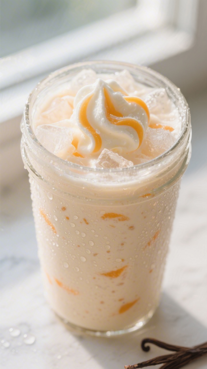 Close-up detail: Frosty Frozen Orange Cream Soda mid-blend in a glass blender jar, showing a creamy