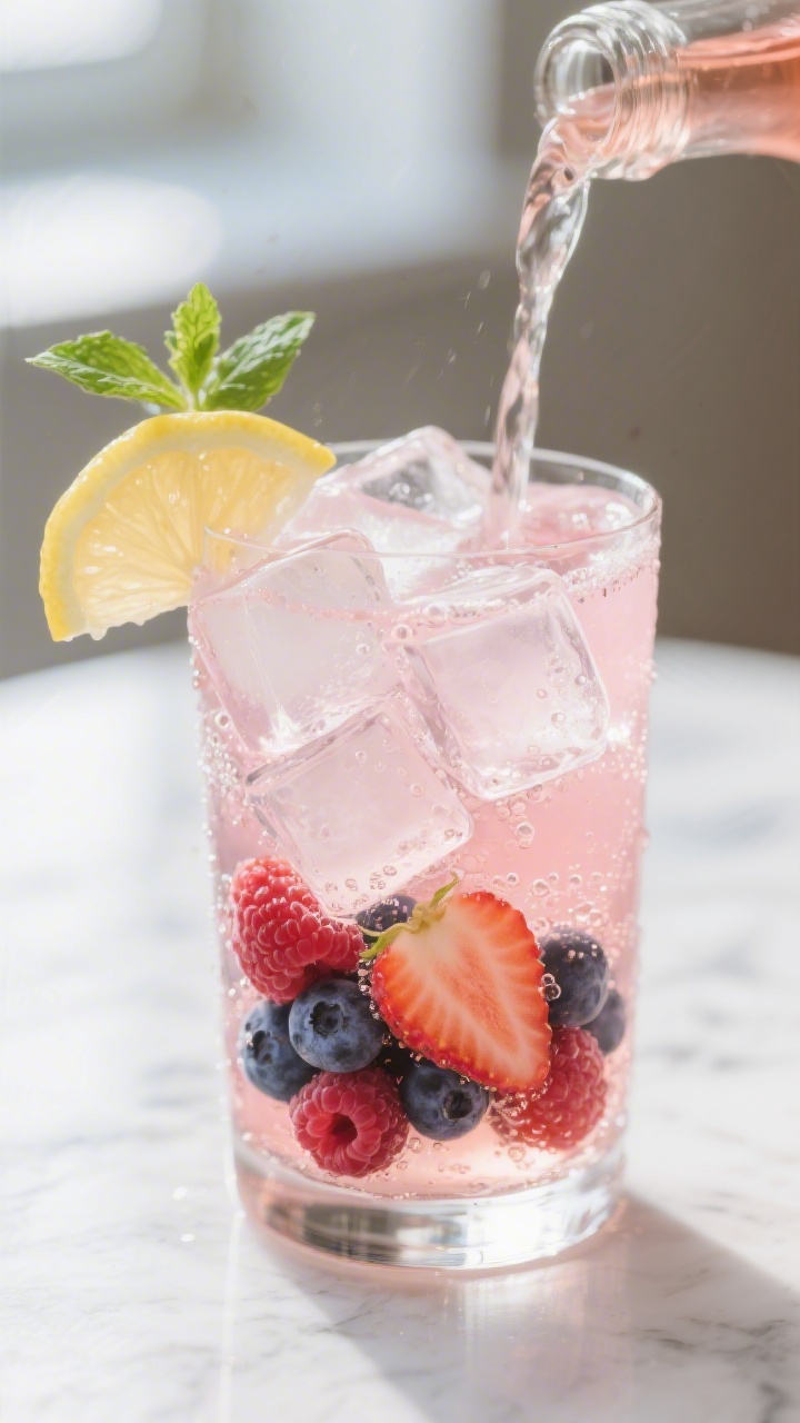 Close-up detail: Frosty rosé spritzer mid-pour, pale pink rosé streaming gently over large crystal