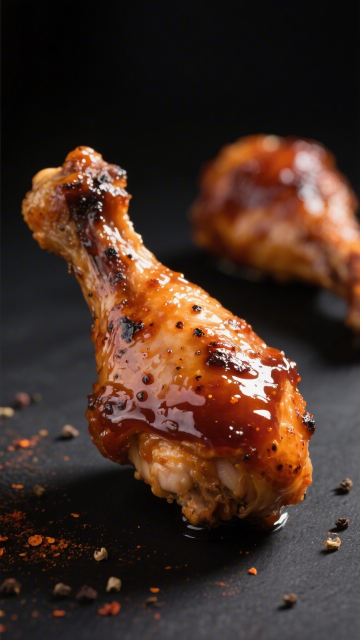 Close-up detail: Glazed air fryer BBQ chicken drumstick just out of the second hot stage, skin gloss