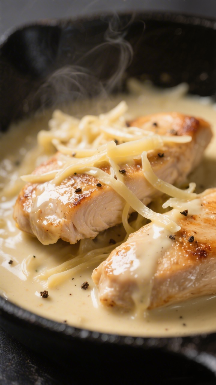 Close-up detail: Glossy bites of seared chicken coated in a silky Alfredo sauce, cheese strands melt