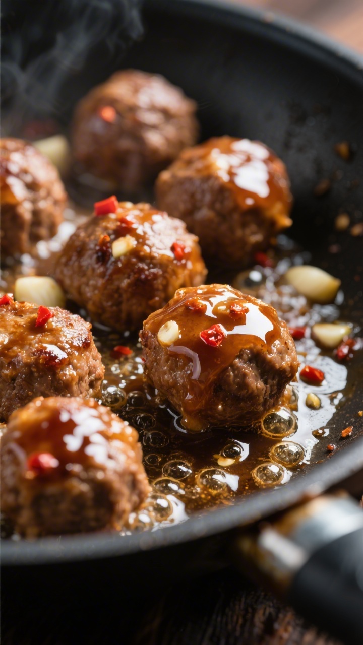 Close-up detail: Glossy honey-garlic glazed meatballs sizzling in a hot skillet during the “glaze