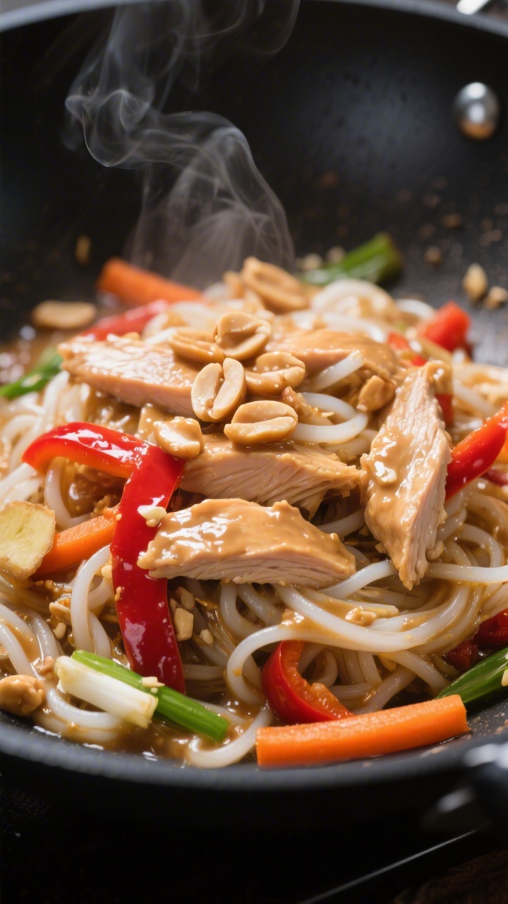 Close-up detail: Glossy rice noodles and thinly sliced chicken tossed in silky Thai peanut sauce mid