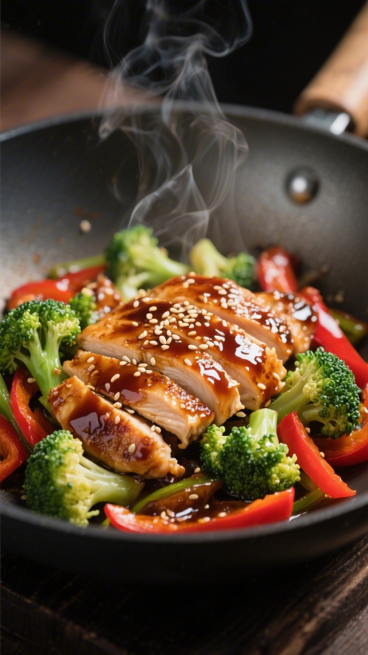 Close-up detail: Glossy tamari-coated chicken slices nestled with crisp-tender broccoli florets and