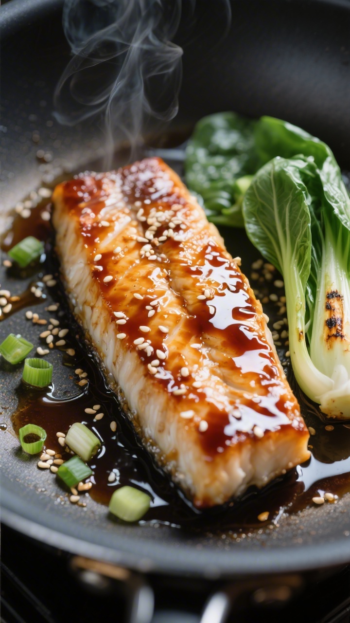 Close-up detail: Glossy teriyaki-glazed cod fillet just after glazing in the skillet, sauce bubbling