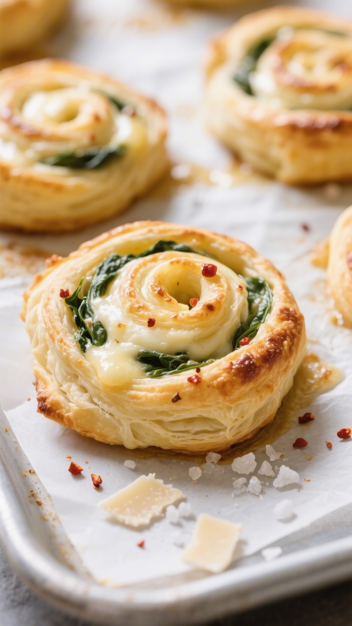 Close-up detail: Golden-baked mozzarella spinach pinwheels just out of the oven on parchment, cheese