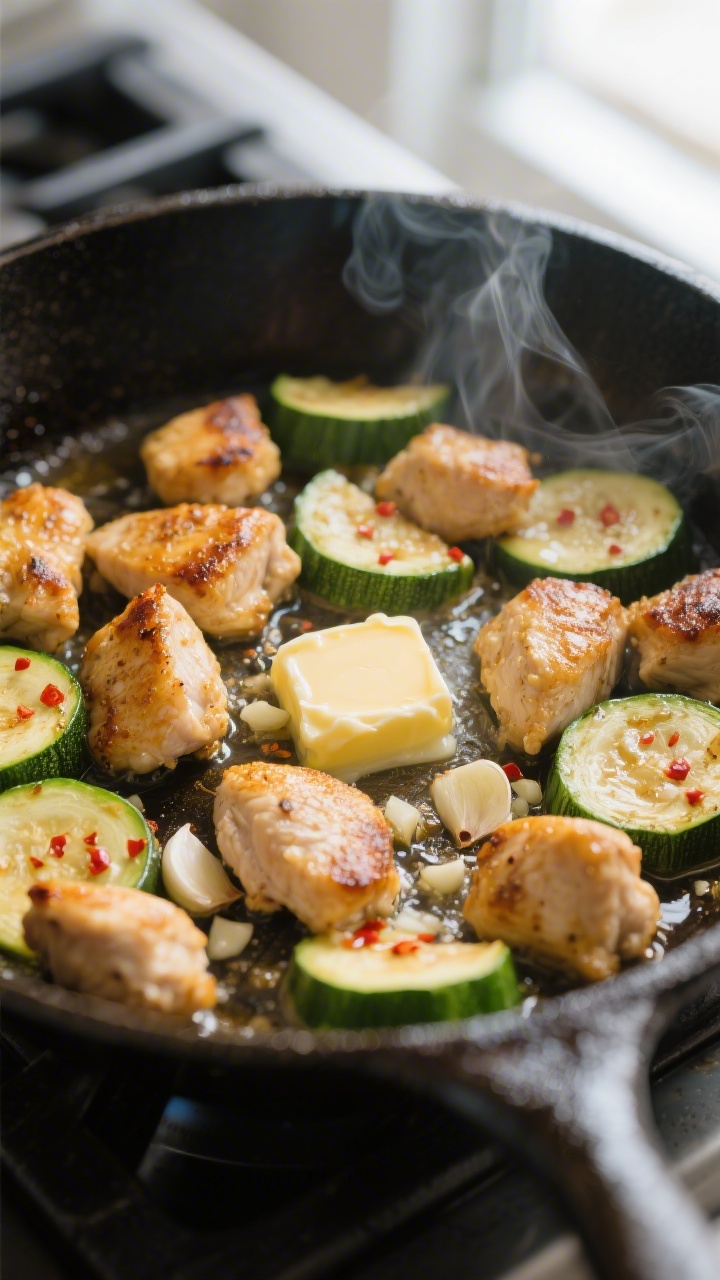 Close-up detail: Golden-browned bite-size chicken pieces and tender zucchini half-moons sizzling in