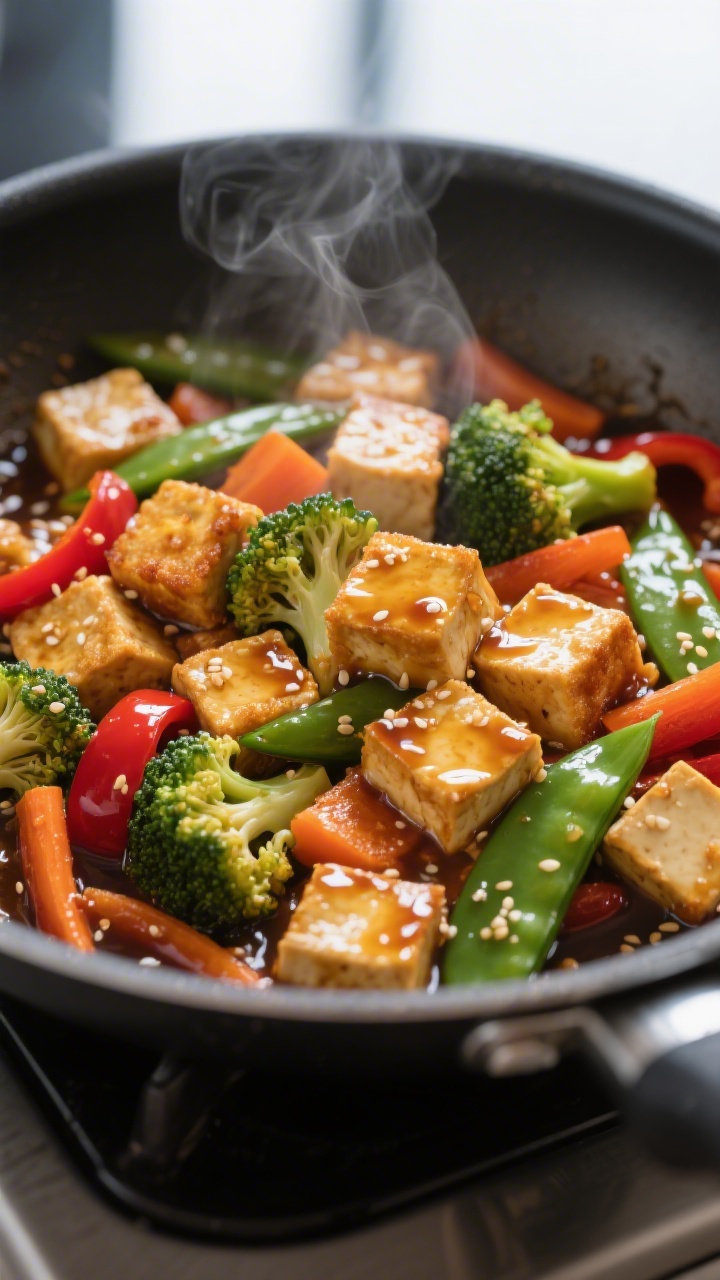 Close-up detail: Golden-crisp tofu cubes just tossed back into a glossy teriyaki sauce with tender-c