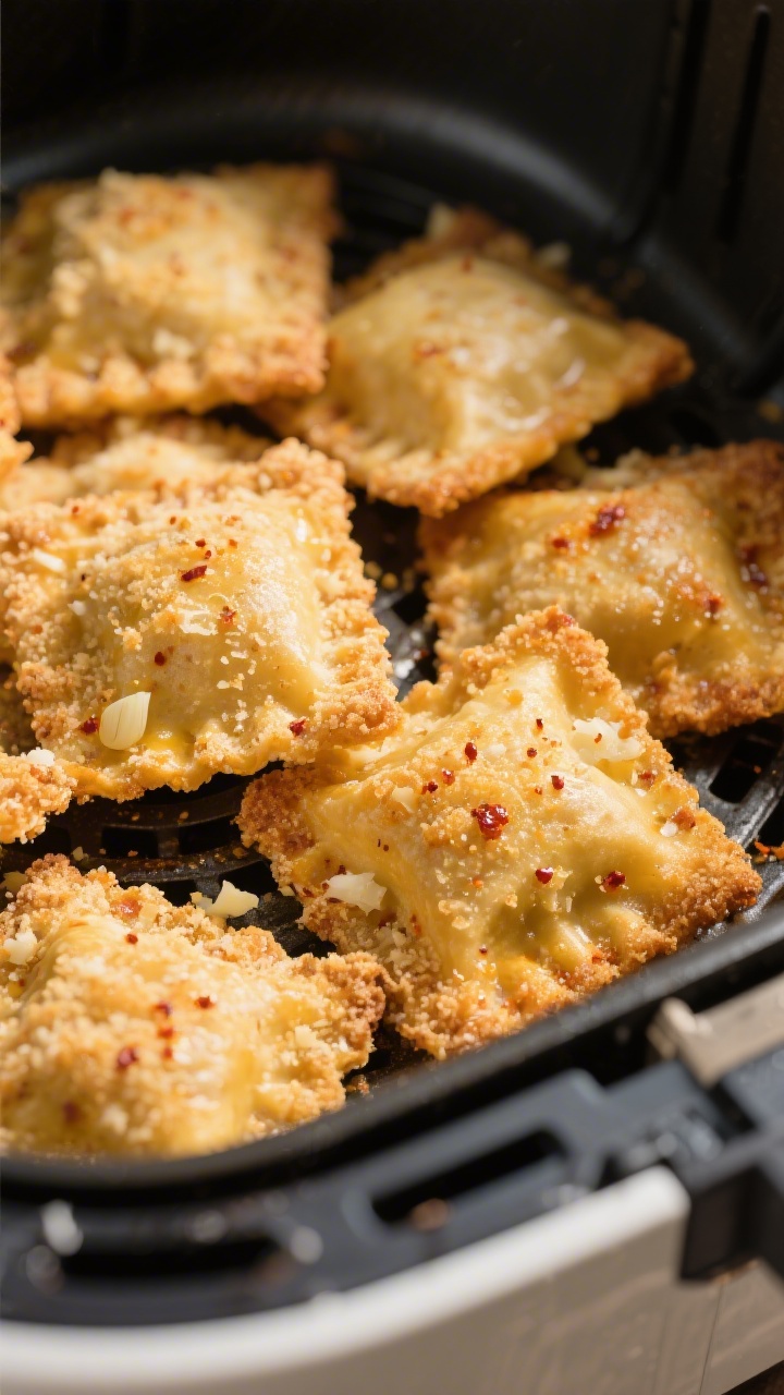 Close-up detail: Golden, crispy air fryer ravioli just cooked, flipped mid-batch in a preheated bask
