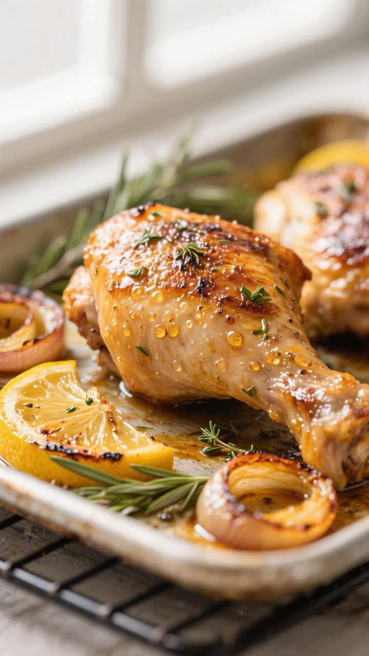 Close-up detail: Golden, crispy-skinned lemon herb roasted chicken thigh fresh from the oven, beads