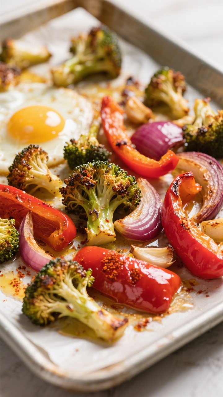 Close-up detail: Golden-edged roasted veggies on a sheet pan just before eggs are added—tender bro