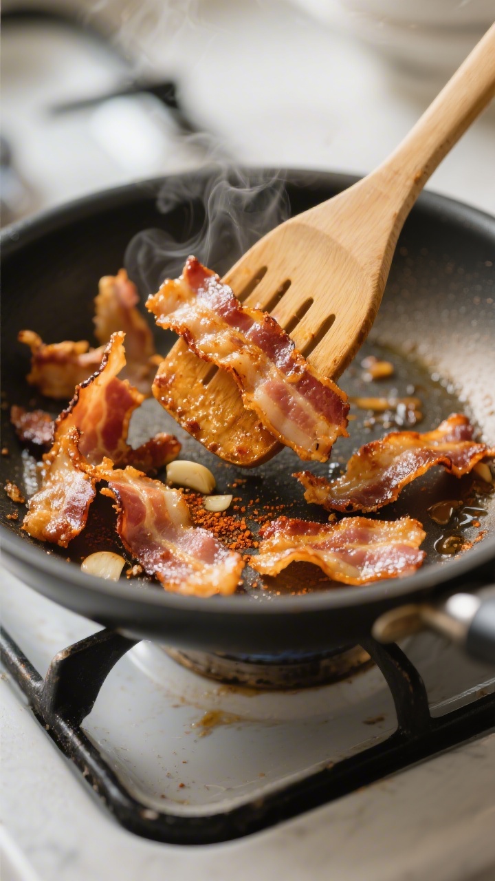 Close-up detail: Golden, freshly crisped coconut bacon in a nonstick skillet mid-toss, flakes deeply