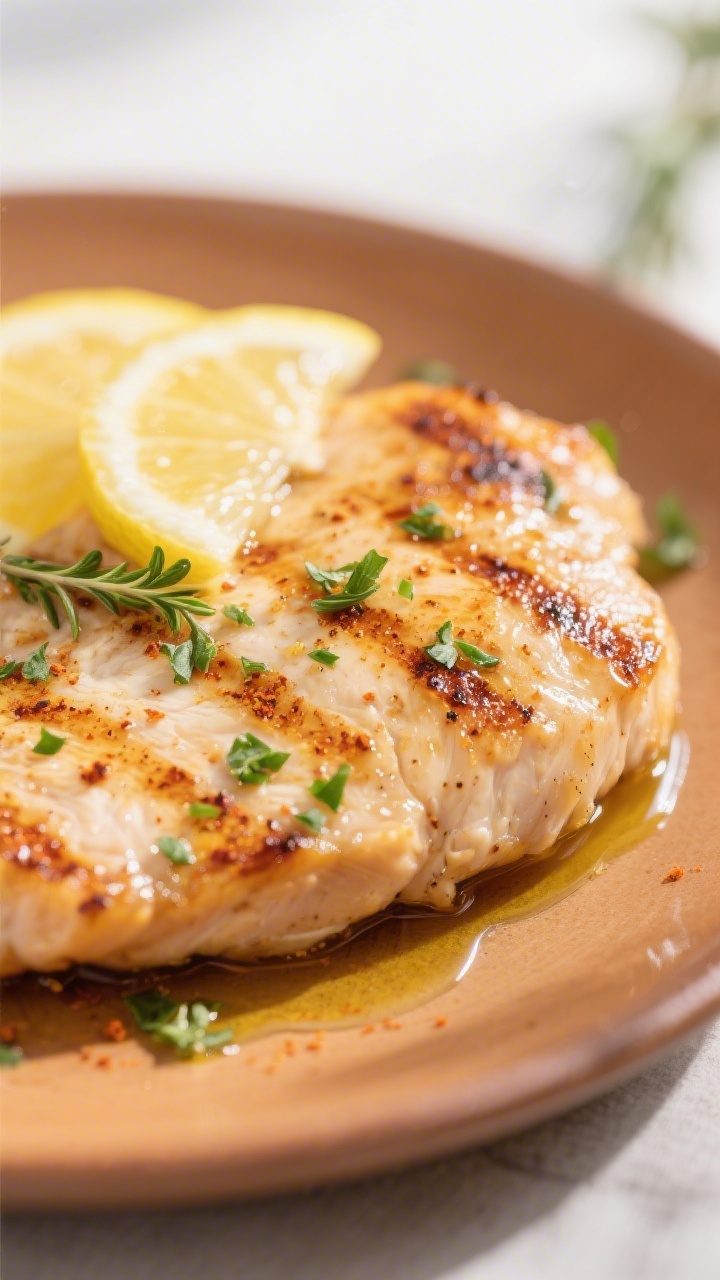 Close-up detail: Juicy grilled lemon herb chicken cutlet resting on a warm plate, glistening with a