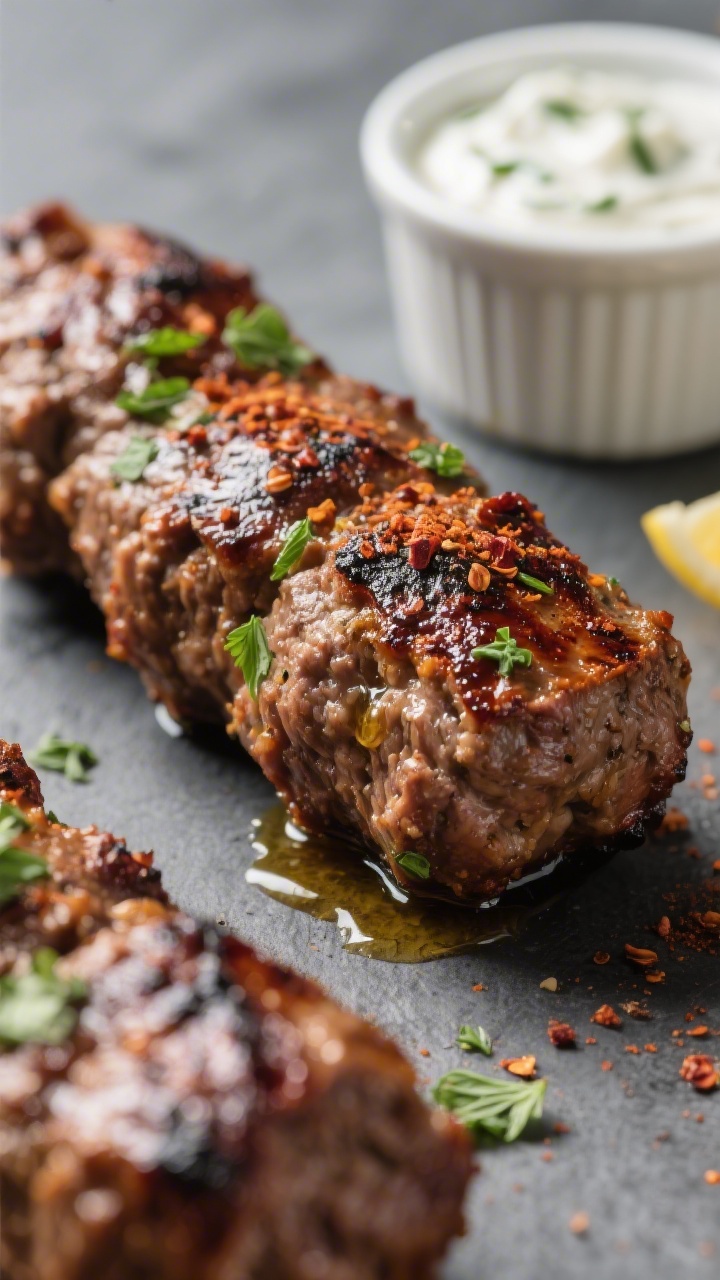 Close-up detail: Juicy lamb kofta fresh off the grill with deep brown sear and light char, glistenin