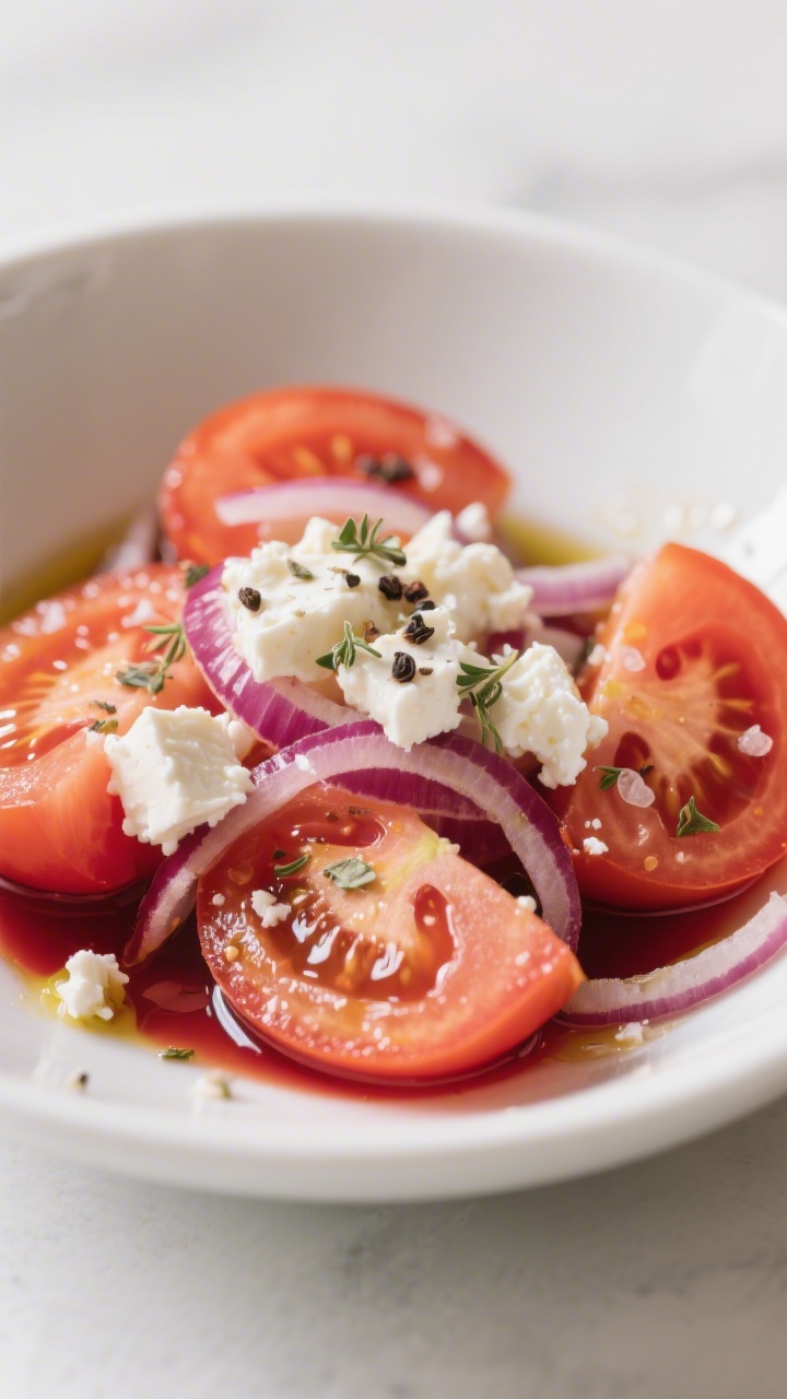 Close-up detail: Juicy wedges of ripe tomatoes and paper-thin red onion slices glistening in a light
