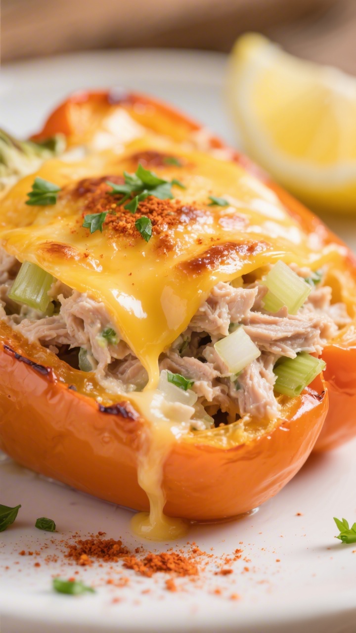 Close-up detail – Melty tuna-stuffed bell pepper: Extreme close-up of a baked orange bell pepper h
